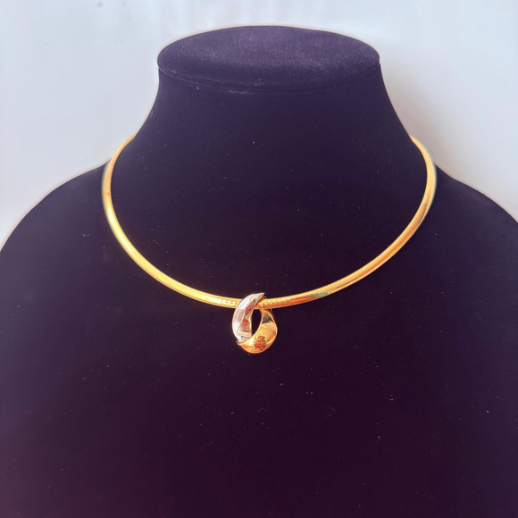 Estate 14K Yellow Gold Gooseneck Half Round Necklace Two Tone Modernist Pendant - Picture 2 of 12